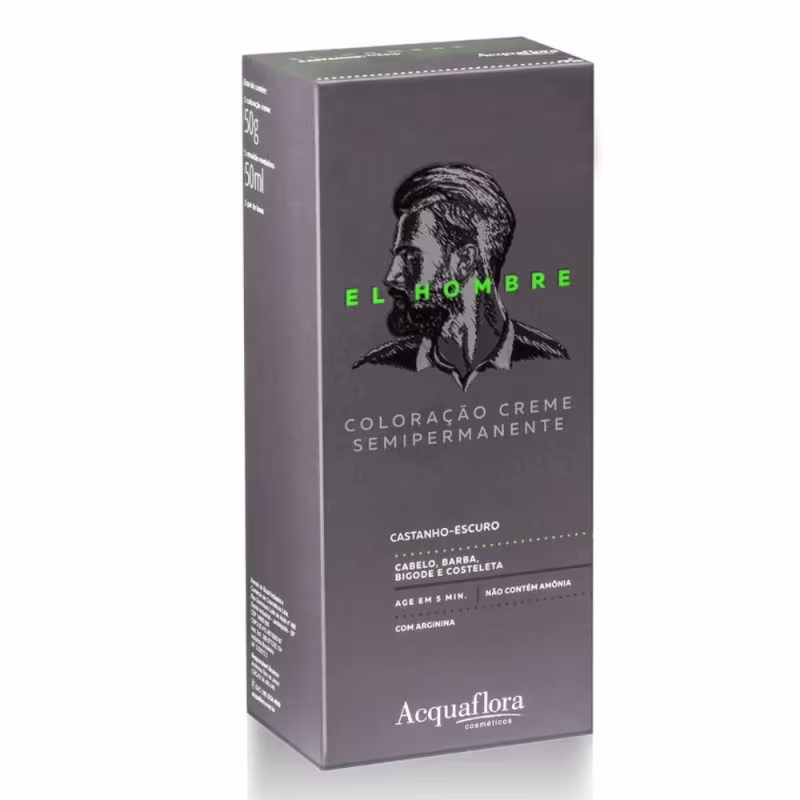 Caixa de coloração creme semipermanente da marca Acquaflora, na cor castanho-escuro, com imagem do rosto de um homem em preto e branco no rótulo. Produto para cabelo, barba, bigode e sobrancelha, com argininina em sua fórmula.