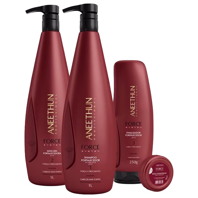 Kit com shampoo, máscara, finalizador e dose fortalecedora Force System, da marca Aneethun.