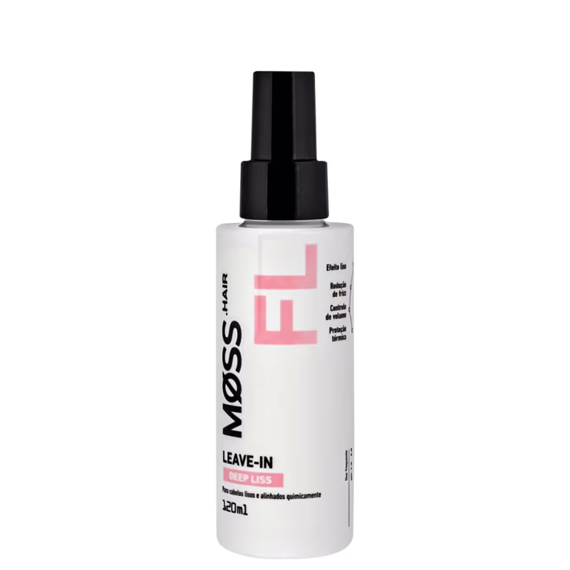 A imagem mostra um frasco de leave-in da linha Deep Liss da marca Moss. O frasco é branco com detalhes em rosa e preto. Possui capacidade de 120ml. O design é minimalista e moderno.