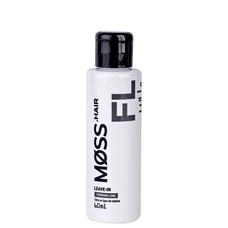 A imagem mostra um frasco do Leave-in da linha Thermo Line da marca Moss. O frasco é branco com detalhes em preto. Possui capacidade de 60ml. O design é minimalista e moderno.