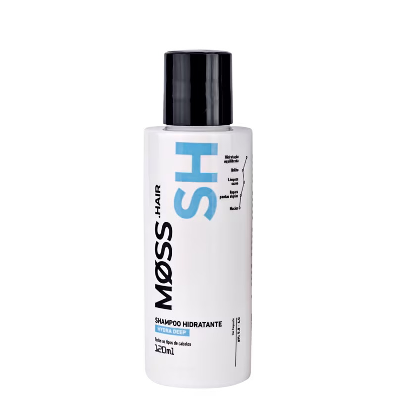 Imagem mostra a embalagem cilíndrica do shampoo Hydra Deep de 120ml. A embalagem é branca com tampa dosadora, possui letras na cor preta e branca.