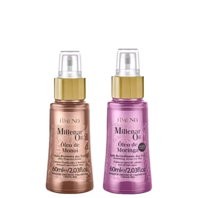 Dois frascos de óleo cosmético da marca Amend, um com rótulo dourado e outro com rótulo rosa, ambos com 60ml de capacidade e embalagem com bomba aplicadora.