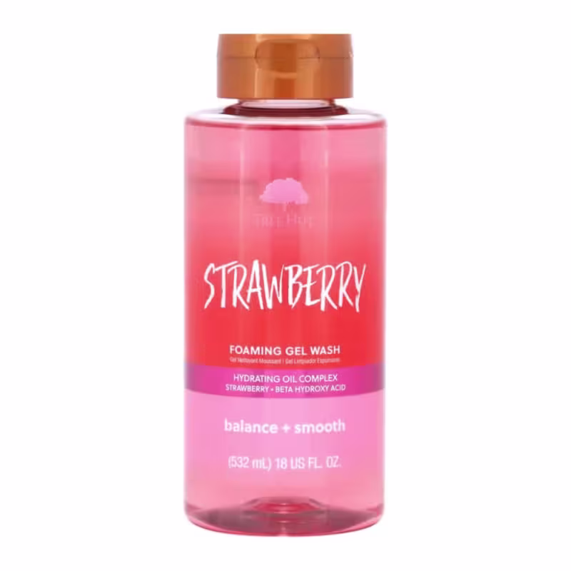 Frasco de gel de banho da marca Tree Hut, com rótulo rosa e laranja destacando o aroma de morango, contendo 532 ml do produto.