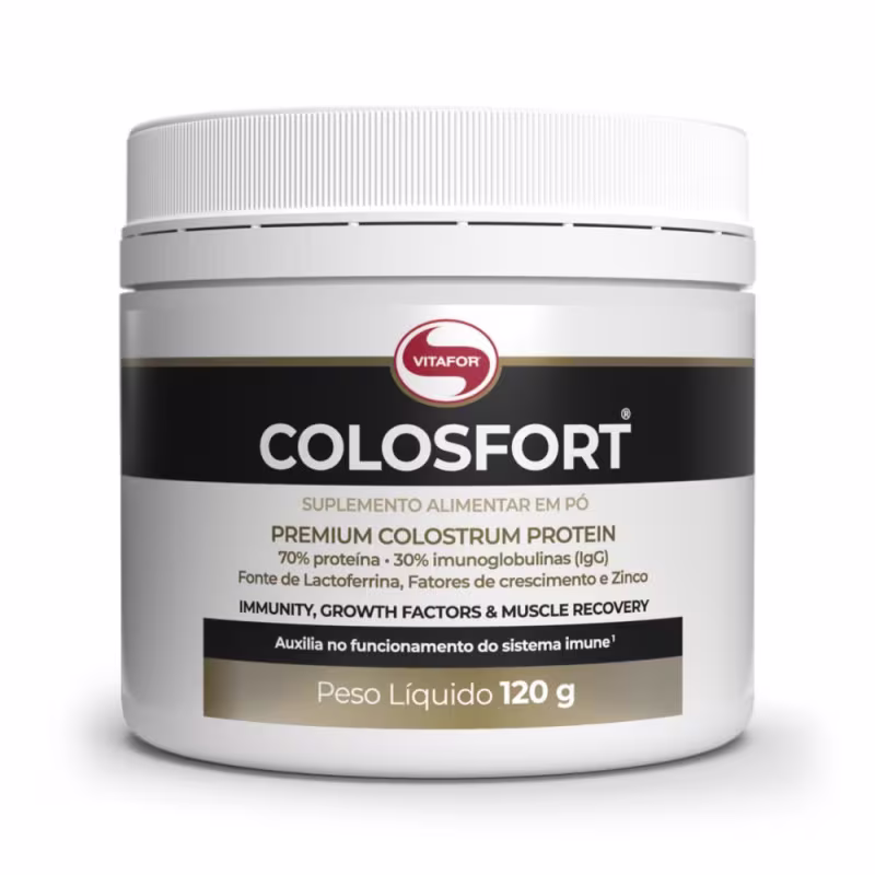 Suplemento alimentar em pó Colosfort da Vitafor, com 120g de peso líquido. Embalagem branca com detalhes em preto e vermelho, destacando ser um "Premium Colostrum Protein" com 70% de proteína e 30% de imunoglobulinas.