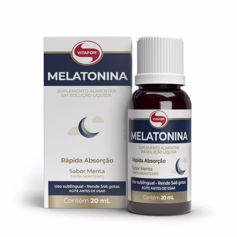 Suplemento alimentar em solução líquida de melatonina da marca Vitafor, em frasco de 20 ml com rótulo em azul e vermelho, contendo informações sobre a rápida absorção e sabor de menta.