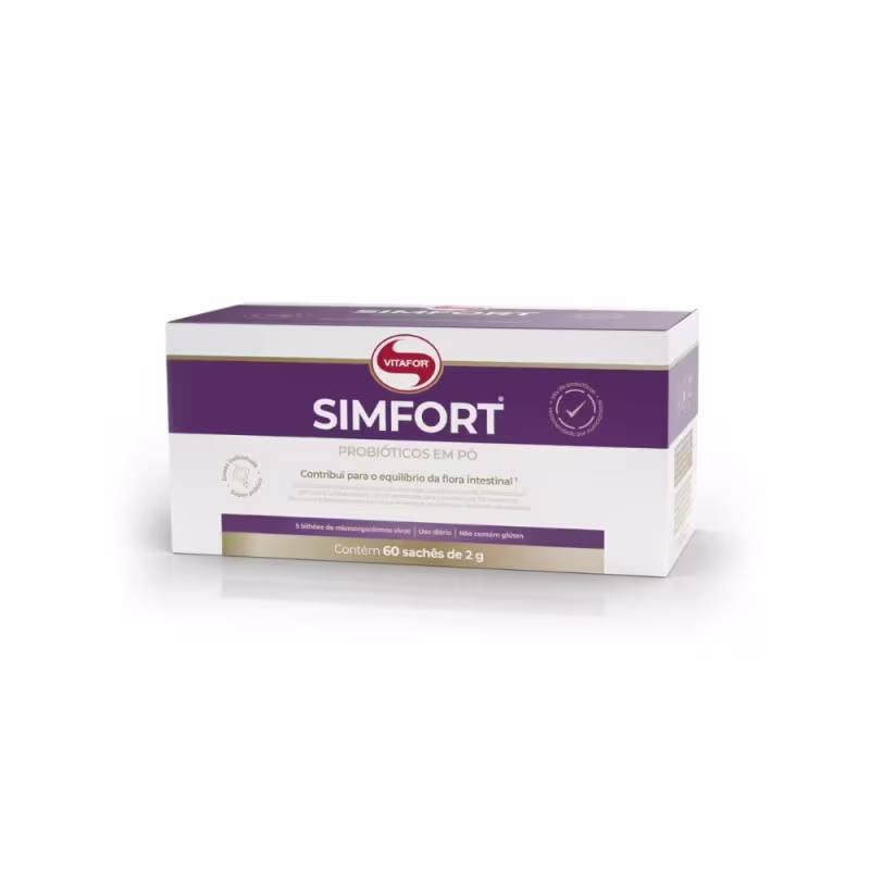 Caixa de papelão branca e roxa da marca Vitafor contendo 60 sachês de 2g de Simfort, um produto probiótico em pó para equilíbrio da flora intestinal.