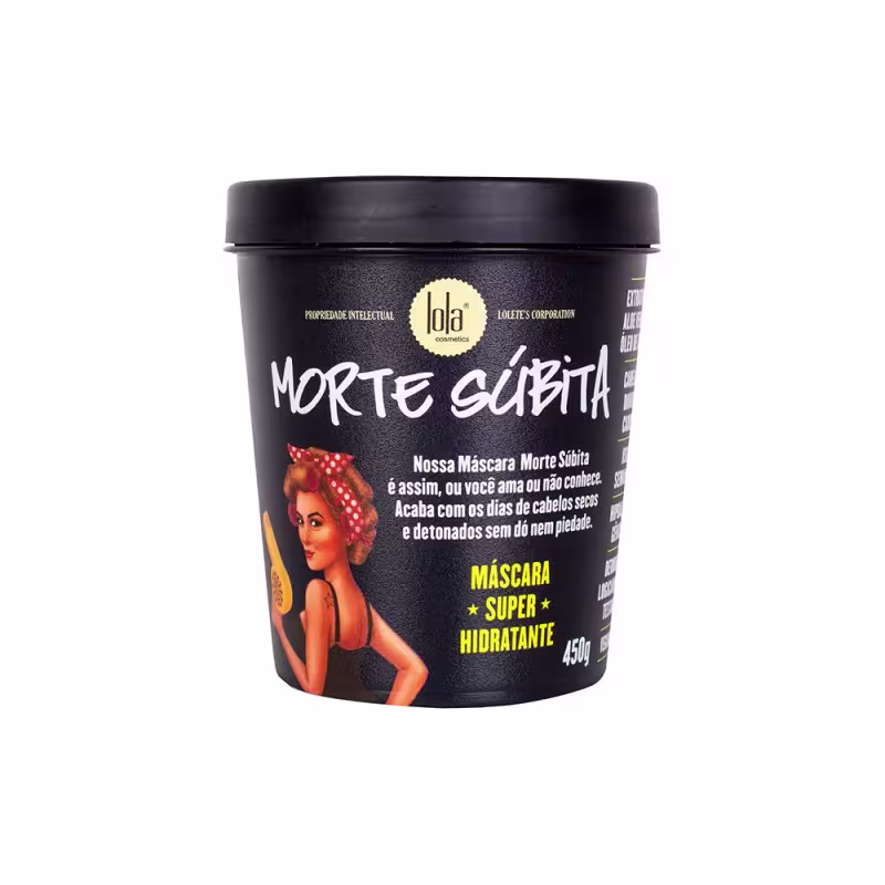 A imagem mostra o pote redondo da máscara capilar morte súbita. O pote é preto com rótulo em detalhes brancos e amarelos. É possível ver uma ilustração de uma mulher com uma bandana e um secador amarelo na mão.