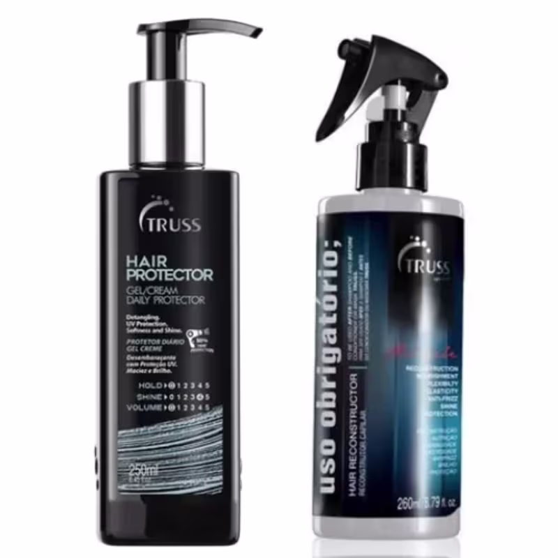A imagem mostra dois produtos para cabelos da marca Truss. À esquerda, temos o "Hair Protectorl" que é um protetor diário. À direita, temos o uso obrigatório.