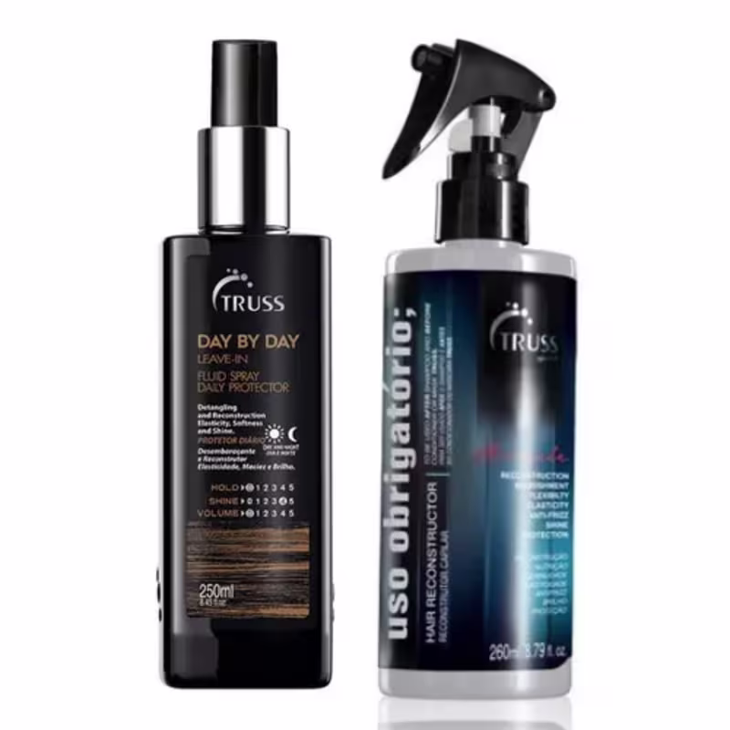 A imagem mostra um kit de TRUSS com o Tratamento Líquido Reconstrutor Uso Obrigatório e o Leave-in Day by Day.