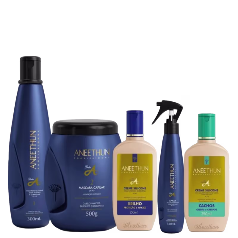 Aneethun Linha A - Kit Shampoo 300 ml + Máscara 500 ml + Creme Silicone 250 ml + Spray 150 ml + Cachos 250 ml