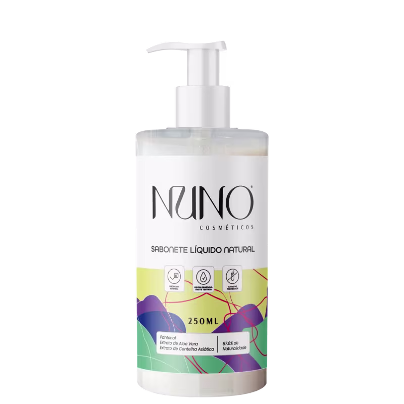 A imagem mostra um frasco de sabonete líquido, de plástico transparente e uma válvula dosadora na parte superior.  O rótulo destaca que o produto é da marca Nuno Cosméticos com desenhos abstratos coloridos em tons de roxo, azul e verde.