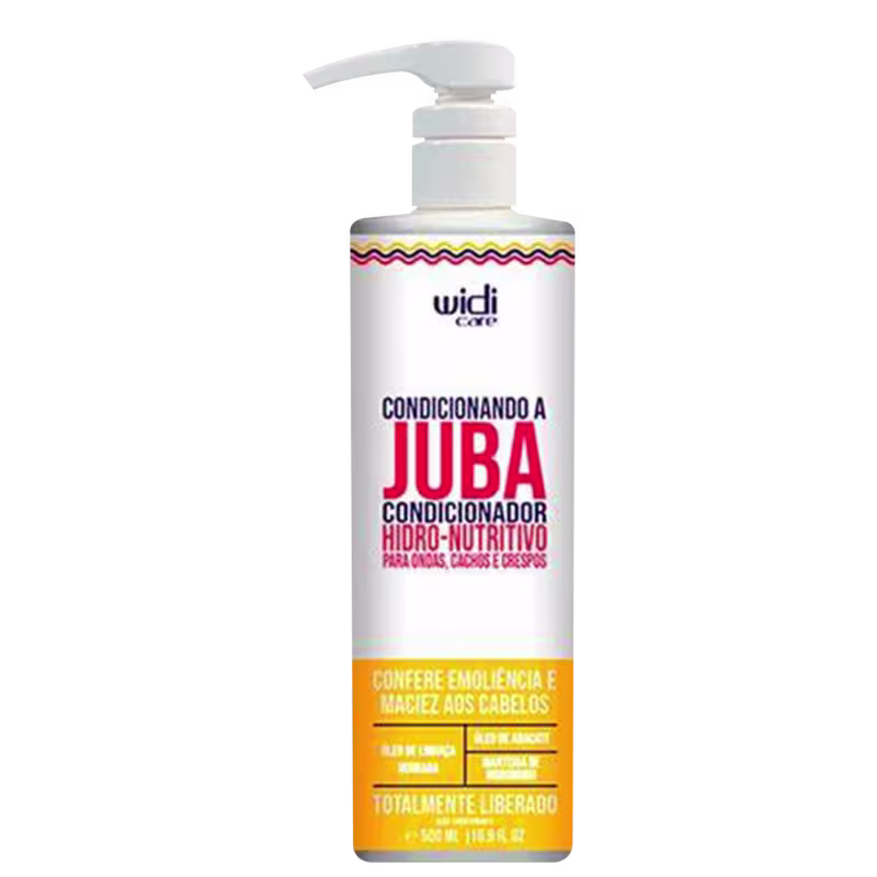 Para cabelos, cacheados e crespos. Embalagem plástica branca com bomba dosadora. Rótulo com texto em letras vermelhas grandes e detalhes em amarelo. Listras onduladas coloridas na parte superior. Tamanho de 500ml indicado na embalagem.