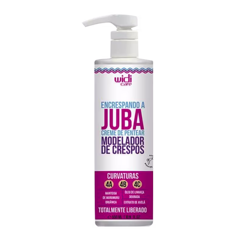 Embalagem plástica branca com bomba dosadora. Tem detalhes em rosa e azul, com o nome do produto "Encrespando a Juba" em letras grandes. Abaixo está descrito como "Creme de Pentear Modelador de Crespos" e as curvaturas 4A, 4B e 4C.