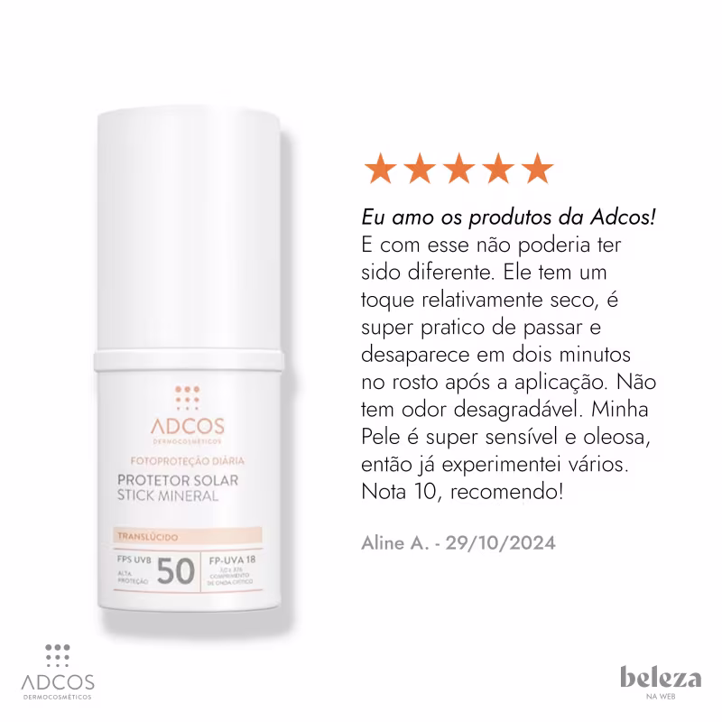 Adcos Fotoproteção Diária Stick Mineral Translúcido FPS50 - Protetor Solar Facial 17g