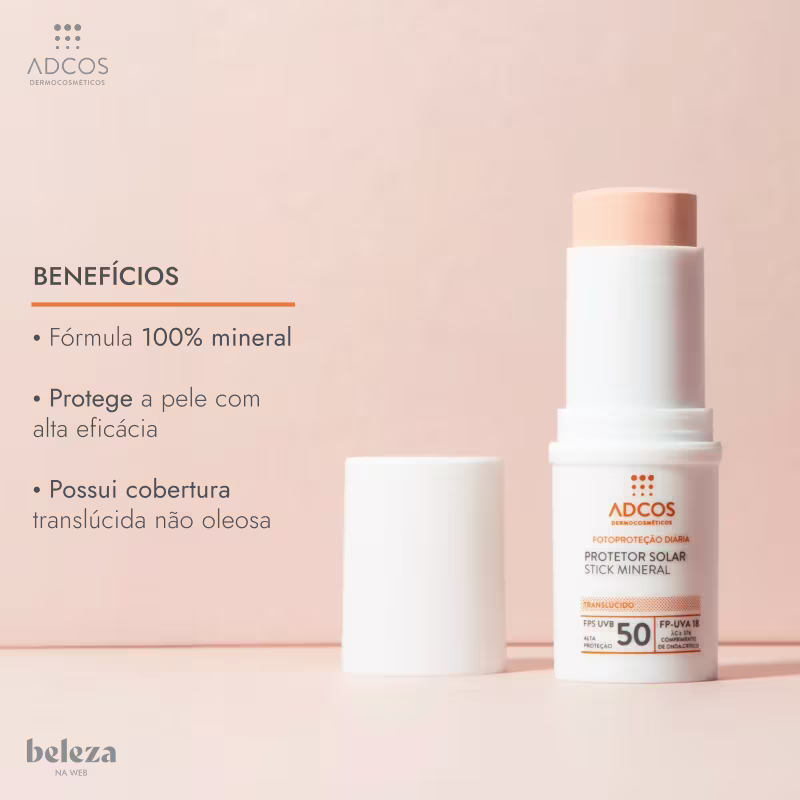 Adcos Fotoproteção Diária Stick Mineral Translúcido FPS50 - Protetor Solar Facial 17g