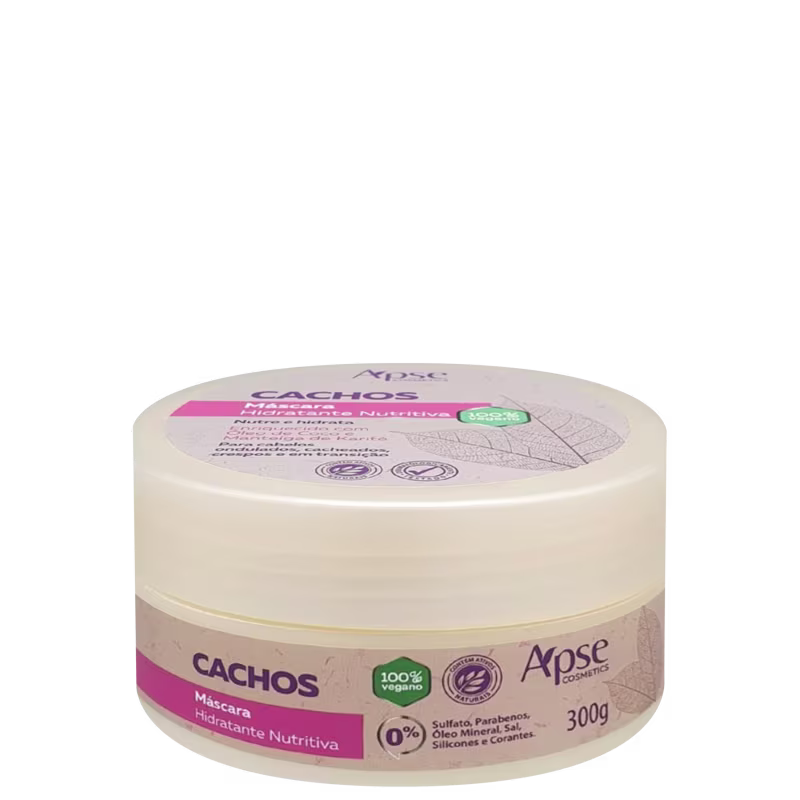 Embalagem plástica branca e rosa de 300g contendo máscara capilar hidratante nutritiva da marca Apice Cosméticos, com rótulo indicando ingredientes e informações do produto.