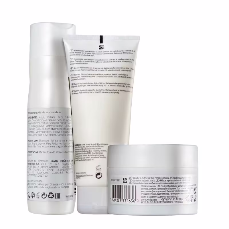 Verso das embalagens do shampoo, condicionador e máscara capilar Oil Reflections da marca Wella Professionals.