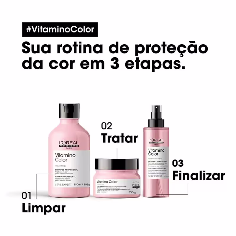 Linha de produtos de cuidados capilares da L'Oréal Professionnel chamada "Vitamino Color". São três produtos em embalagens plásticas na cor rosa claro: um shampoo em frasco de 300ml, um tratamento em pote de 250g e um leave-in em frasco de pulverizador.