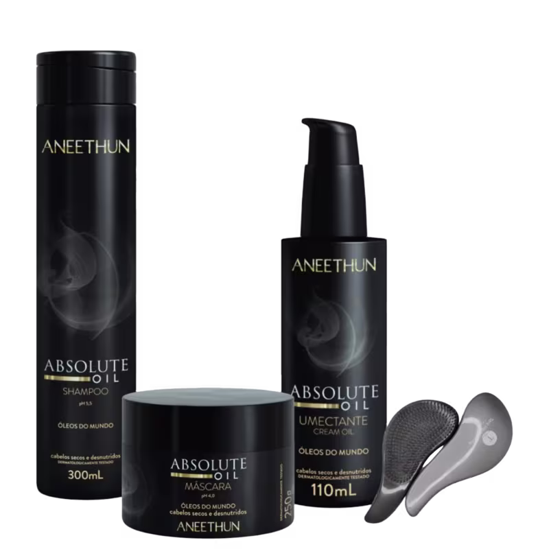 Kit Absolute Oil Shampoo,Máscara e Umectante Aneethun+Escova