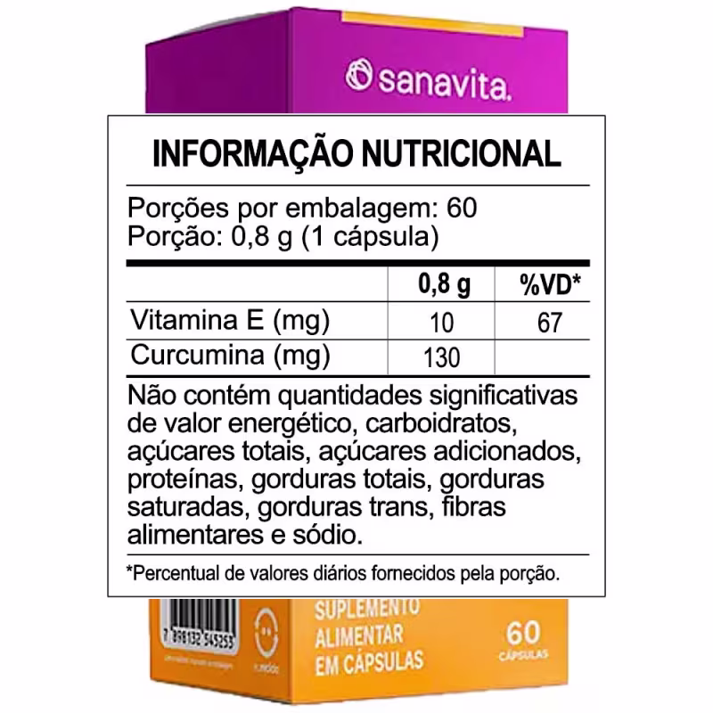 Caixa roxa da marca Sanavita contendo informações nutricionais sobre o suplemento alimentar em cápsulas, com destaque para os valores de vitamina E e curcumina.