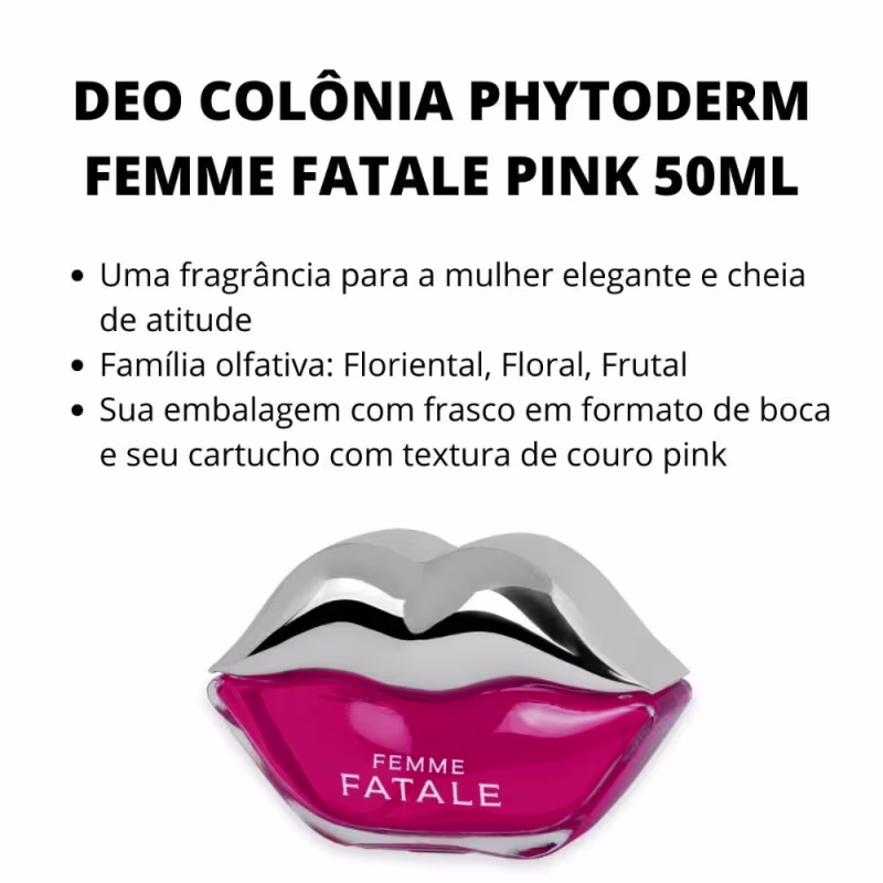 Descrição indicando fragrância floriental, floral e frutal para mulheres elegantes. Embalagem distinta com design de boca chamativo.