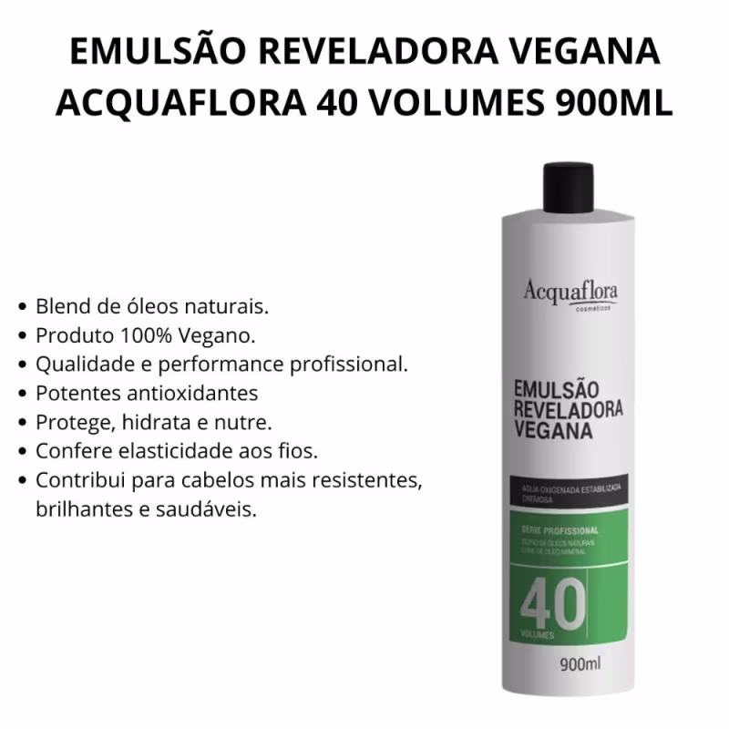 EMULSÃO REVELADORA VEGANA ACQUAFLORA 40 VOLUMES 900ML. Blend de óleos naturais. Produto 100% Vegano. Qualidade e performance profissional. Potentes antioxidantes. Protege, hidrata e nutre. Confere elasticidade aos fios.