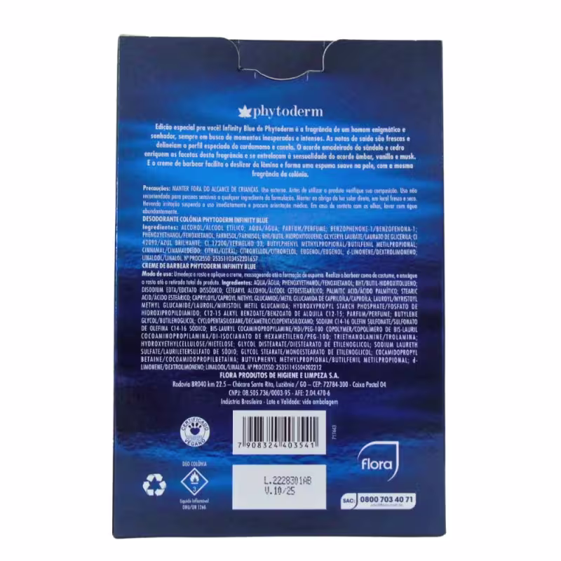 Verso da caixa com informações sobre o produto, composição e código de barras.