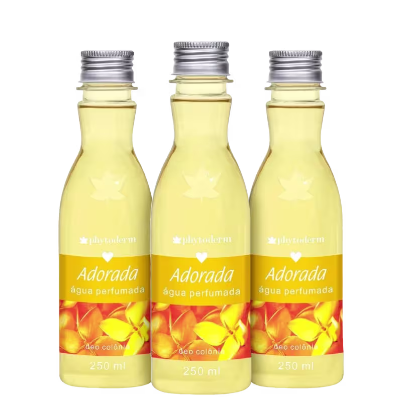 Três garrafas amarelas com rótulo de flores amarelas e letras brancas.