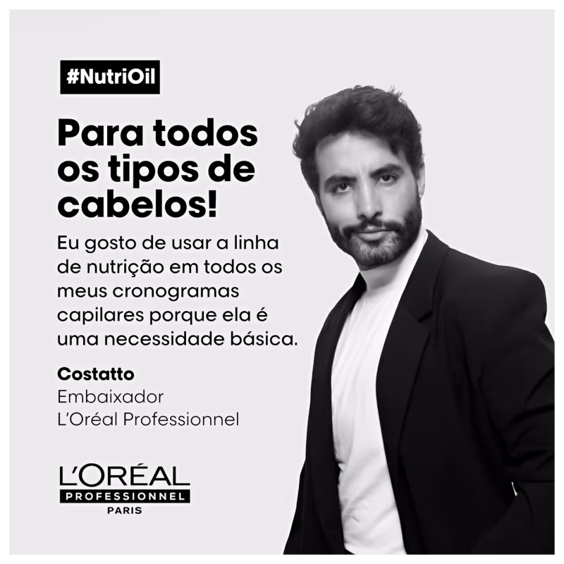 A imagem mostra um homem jovem com roupa formal, o Embaixador da marca e ao lado texto dele elogiando os produtos da linha NutriOil.