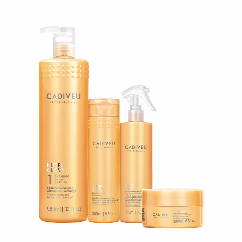 Conjunto de produtos Cadiveu Professional, incluindo shampoo, condicionador, leave-in e máscara da linha Nutri Glow, em embalagens de cor amarela