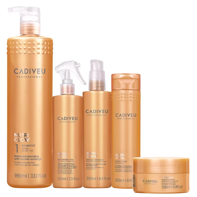 Kit Cadiveu Professional Nutri Glow Booster Fluido Shampoo Condicionador Máscara e Leave-in (5 produtos)