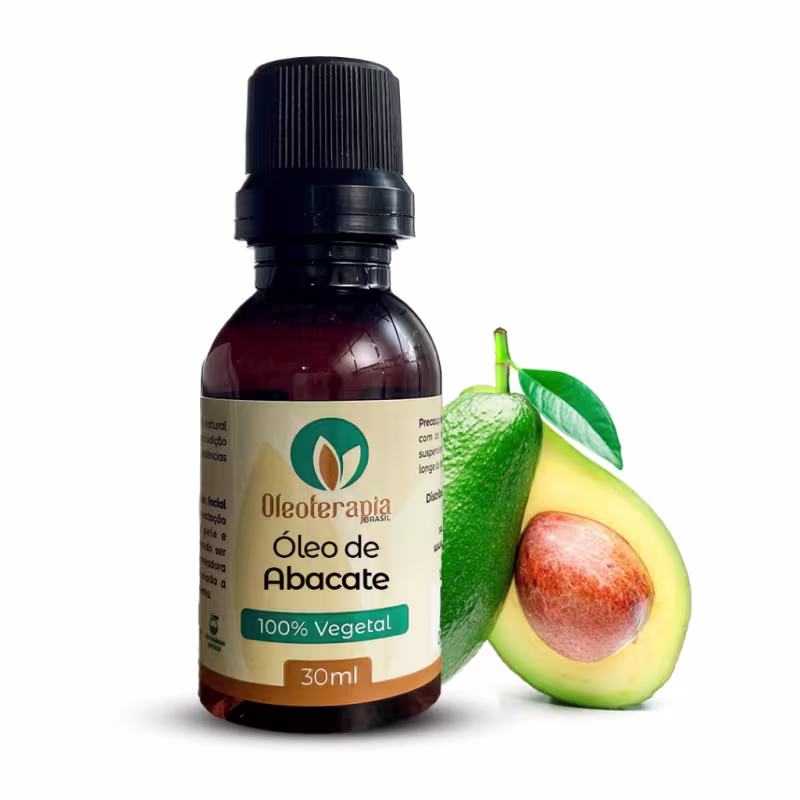 O produto apresentado é um óleo de abacate da marca Oleoterapia Brasil. Ao lado do frasco, há um abacate verde e uma fatia de abacate, indicando que o óleo é feito a partir desse ingrediente.