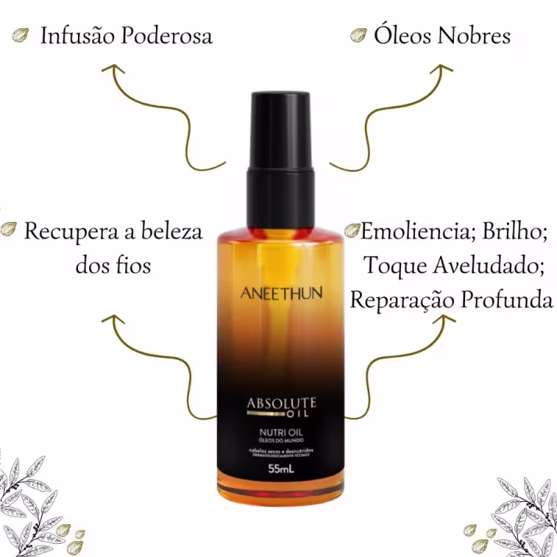 Imagem do óleo com o texto: "Infusão Poderosa", "Óleos Nobres", "Recupera a beleza dos fios", "Emoliência; Brilho; Toque Aveludado; Reparação Profunda".