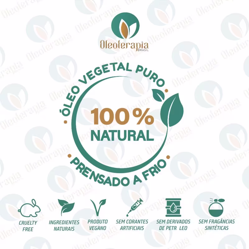 A imagem mostra selo de certificação da marca Oleoterapia Brasil, indicando que o produto é 100% natural, vegetal e puro, sem corantes artificiais, derivados de petróleo ou fragrâncias sintéticas, livre de crueldade animal e possui ingredientes naturais.