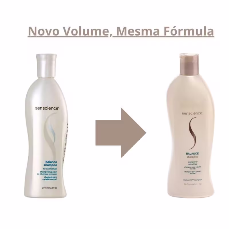 A imagem mostra um versão antiga do frasco do shampoo e como é agora.