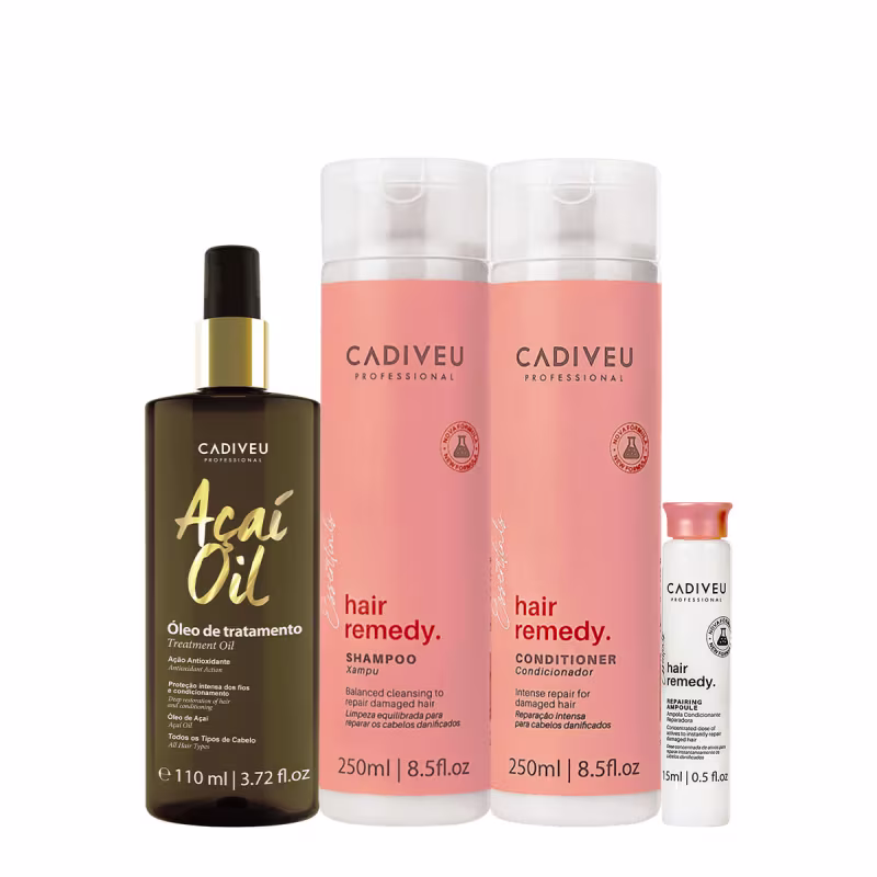 Kit Cadiveu Essentials Hair Remedy Shampoo Condicionador Ampola e Açaí Oil 110 (4 produtos)