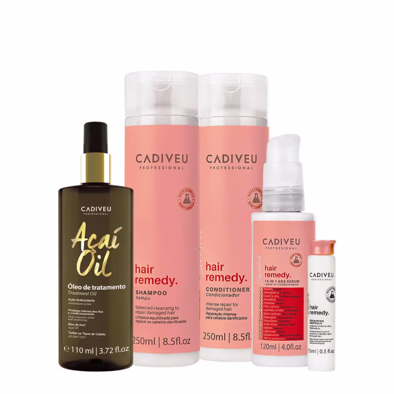 Kit Cadiveu Essentials Hair Remedy Shampoo Condicionador Leave-in Sérum Ampola e Açaí Oil 110 (5 produtos)