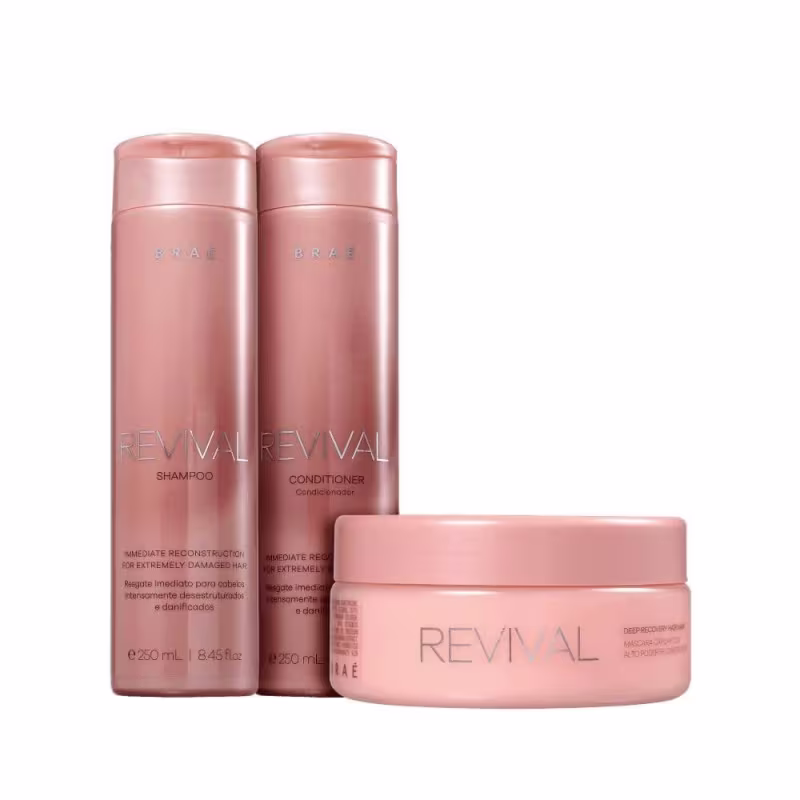 Shampoo, condicionador e máscara Braé Revival.