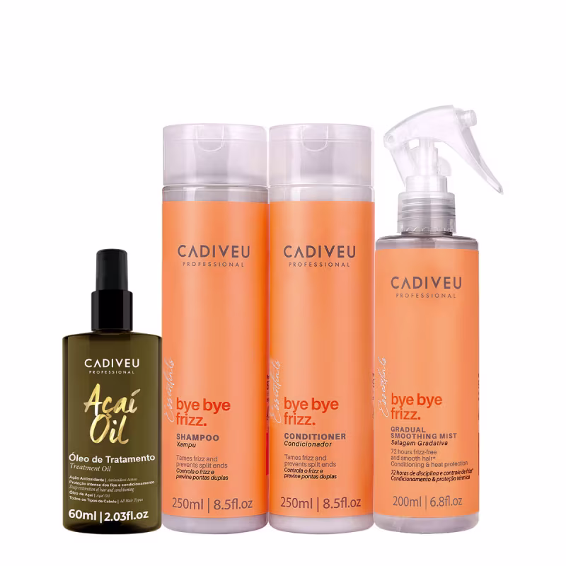 Conjunto de produtos Cadiveu Professional, incluindo óleo de tratamento de Açaí, shampoo, condicionador e leave-in Bye Bye Frizz