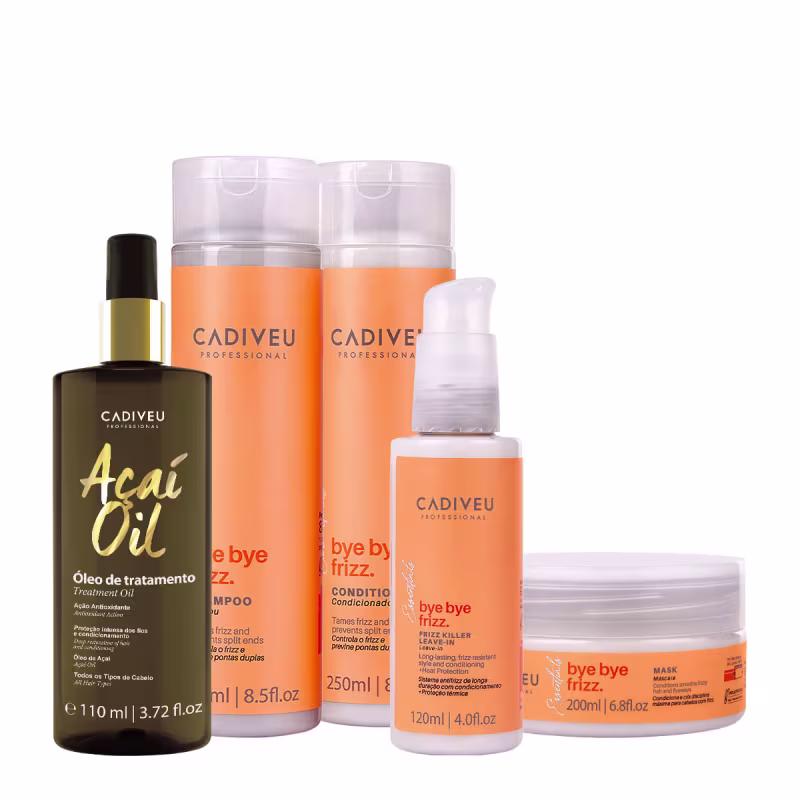 Kit Cadiveu Professional Bye Bye Frizz Shampoo Condicionador Máscara Leave-in e Açaí Oil 110 (5 produtos)
