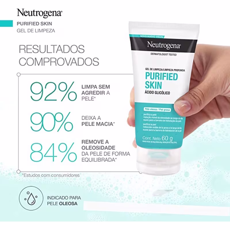 Kit Neutrogena Purified Skin Care Pele Mista a Oleosa: Gel de Limpeza + Hidratante Antissinais + Água Micelar + Esfolian