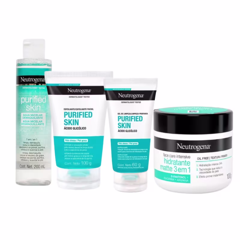 Kit Neutrogena Purified Skin Care Pele Mista a Oleosa: Gel de Limpeza + Hidratante Antissinais + Água Micelar + Esfolian