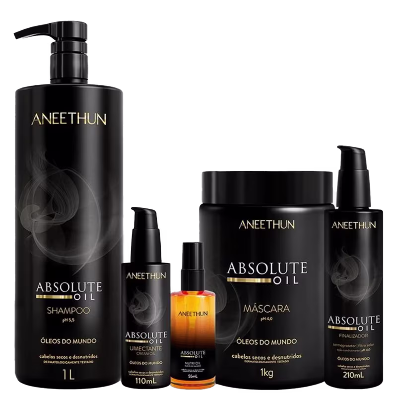 Shampoo 1 litro em frasco cilíndrico preto, máscara capilar 1kg em pote preto, óleo nutritivo em embalagem âmbar 55ml, finalizador em frasco preto 210ml e umectante em frasco preto 110ml. Todos têm o nome "Absolute Oil" e o logotipo da marca Aneethun.