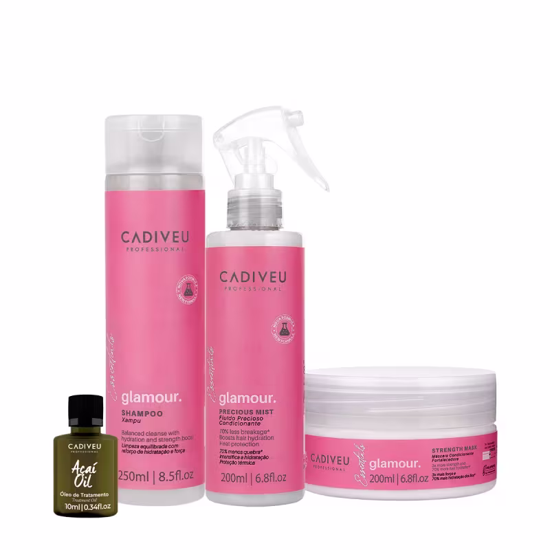Conjunto de produtos Cadiveu Professional Essentials Glamour, incluindo shampoo, spray condicionante e máscara capilar, e óleo Açaí Oil