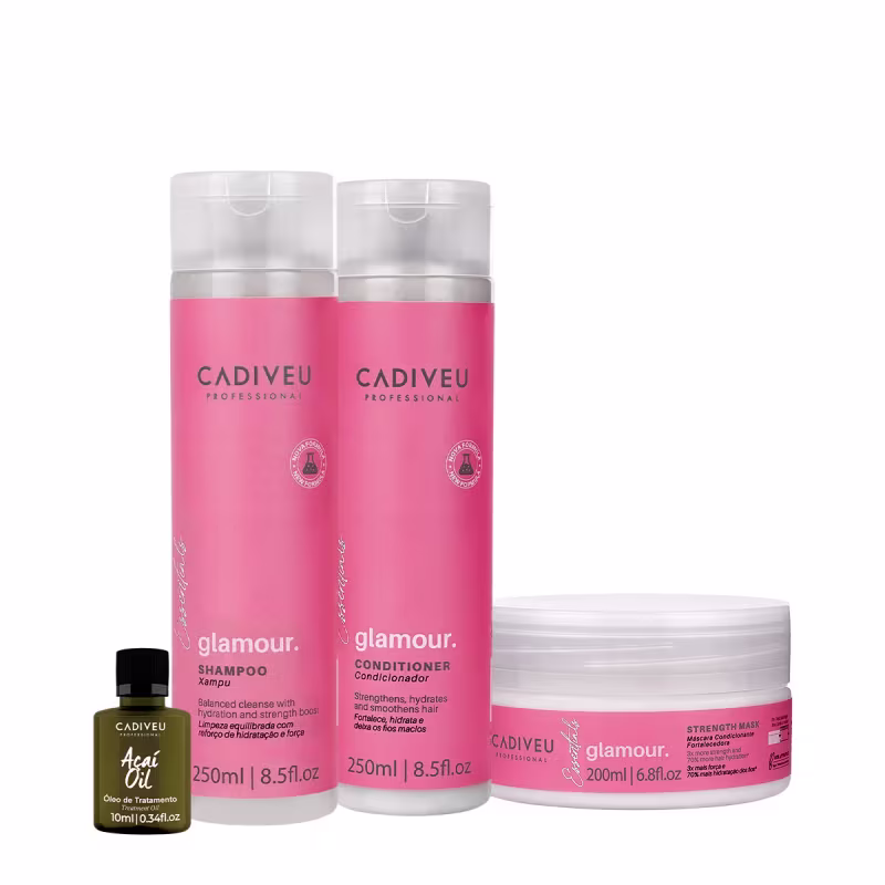 Conjunto de produtos Cadiveu Professional, incluindo shampoo, condicionador, máscara e óleo de tratamento.