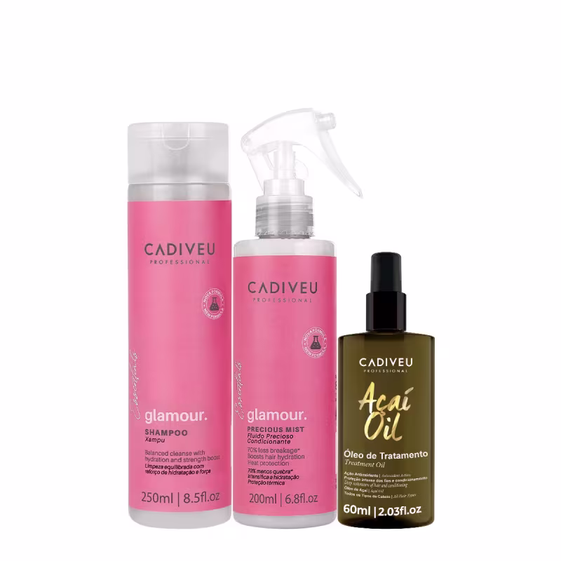 Três produtos da marca Cadiveu Professional: um shampoo Glamour de 250ml, um leave-in Glamour de 200ml e um óleo de tratamento Açaí de 60ml.