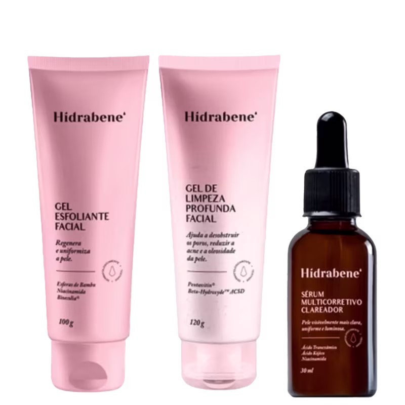 KIT SKINCARE HIDRABENE (GEL ESFOLIANTE + GEL DE LIMPEZA PROFUNDA + SERUM CLAREADOR)