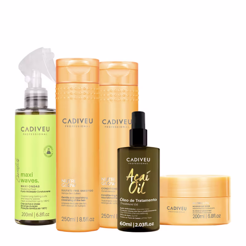 Kit Cadiveu Professional Nutri Glow Shampoo Condicionador Máscara Maxi Ondas e Açaí Oil 60 (5 produtos)