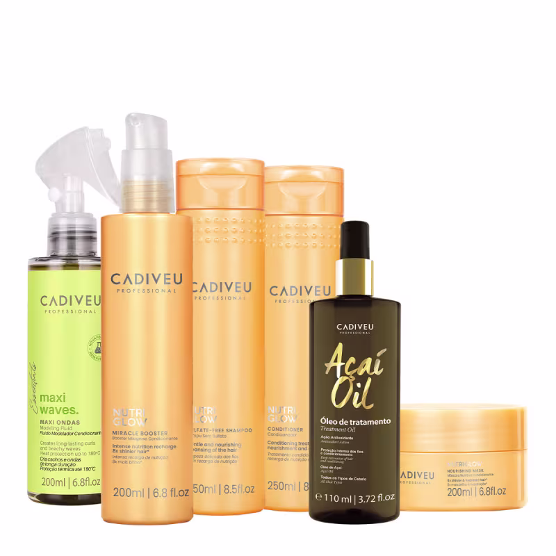 Kit Cadiveu Professional Nutri Glow Shampoo Condicionador Máscara Fluído Leave-in e Açaí Oil 110 (6 produtos)