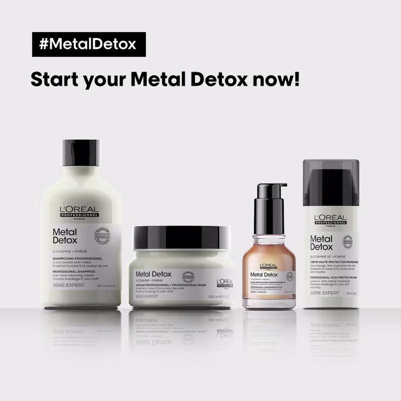 Linha de produtos de cuidados capilares da L'Oréal Professionnel chamada "Metal Detox". Os produtos incluem um shampoo, uma máscara, um óleo capilar e um creme de tratamento. Todas apresentam o nome "Metal Detox" e o logotipo da L'Oréal Professionnel.